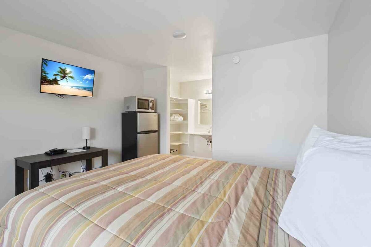 A bedroom with a bed, a TV, a desk, a refrigerator, and a wardrobe.