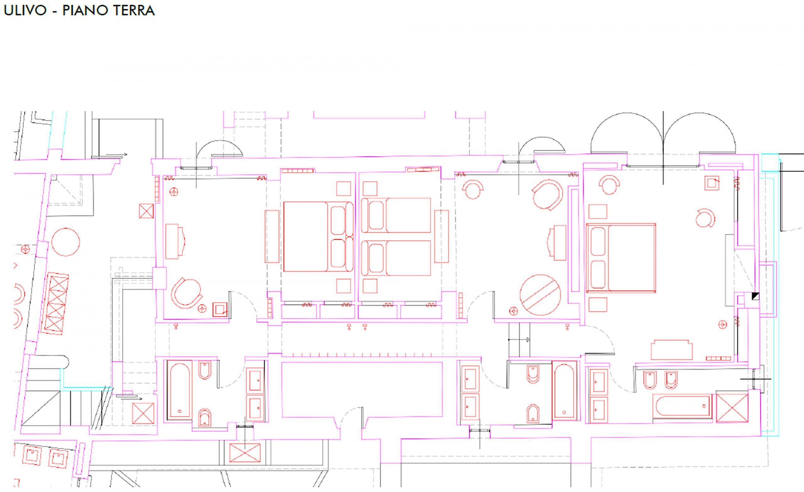 A floor plan of a hotel with multiple rooms, a central lobby, and a dining area.