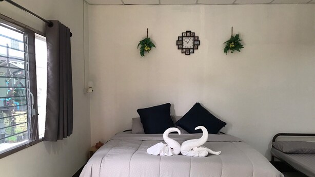 Ein Hotelzimmer mit Bett, einem fenster mit Vorhängen, einer Wanduhr und zwei Wandpflanzen.