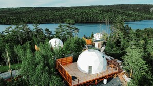 Une structure en forme de dôme, dotée d’une terrasse en bois, entourée d’une forêt dense et d’un lac.