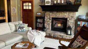 Smart TV, fireplace, DVD player, books