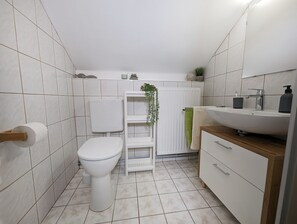 Douche, sèche-cheveux, serviettes fournies, savon