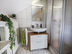Shower, hair dryer, towels, soap