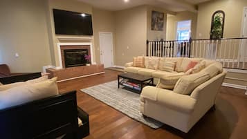 Smart TV, fireplace, books