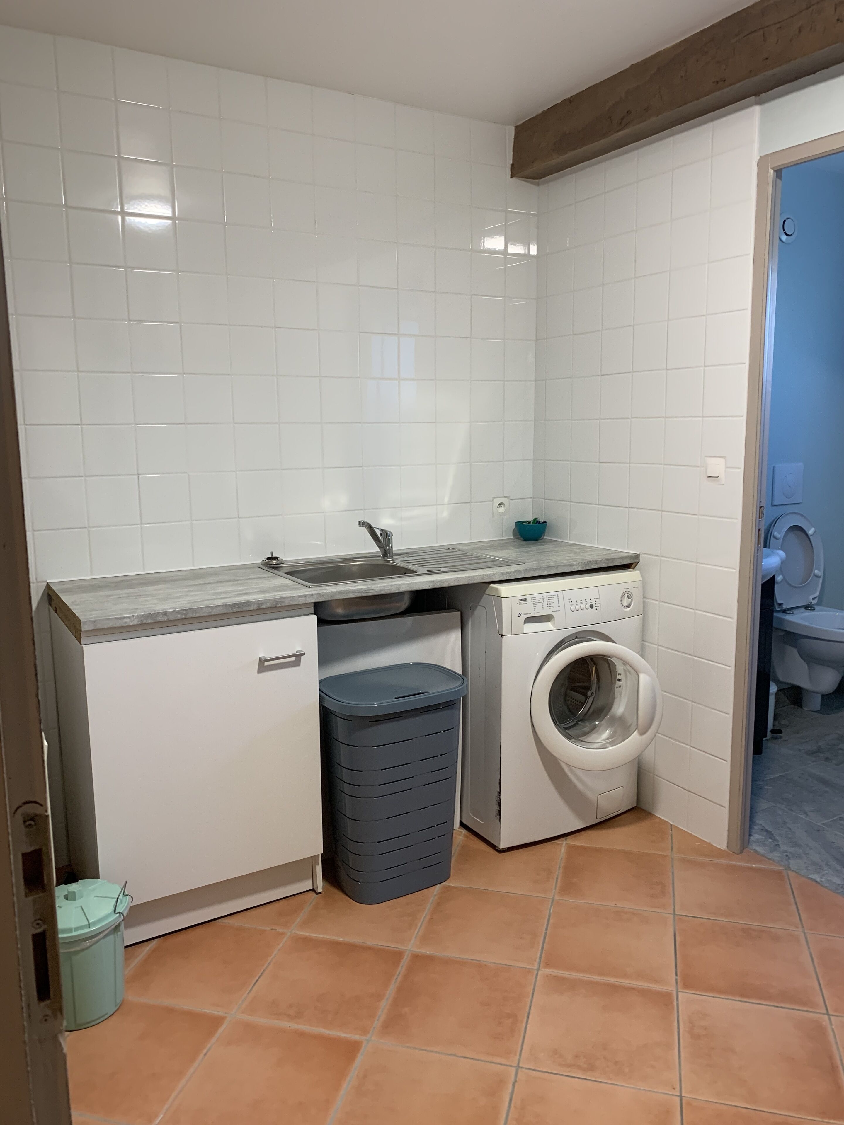 A compact laundry room with a washing machine, a sink, and a trash bin.