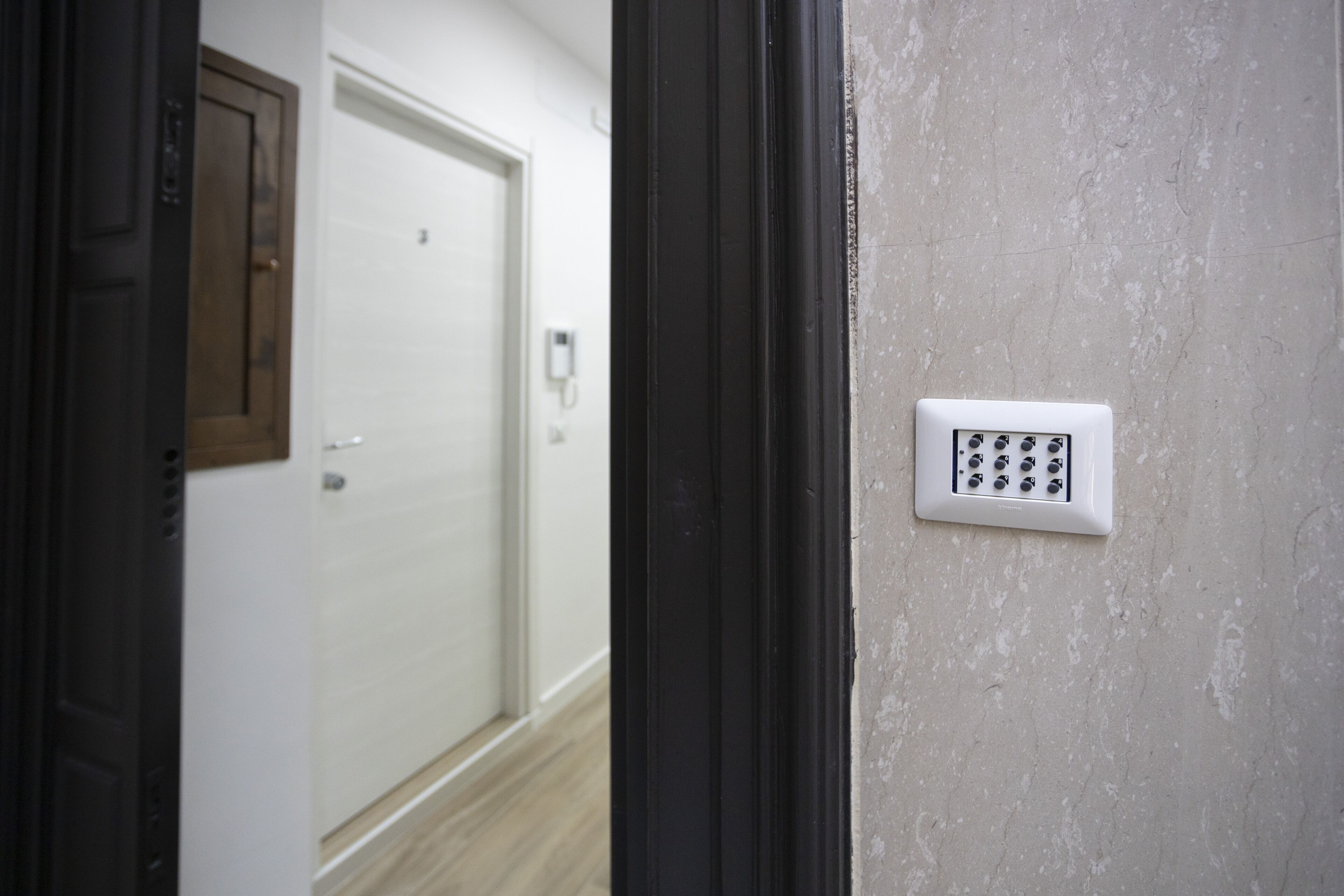 A hallway with a door, a wall-mounted intercom, and a light switch.