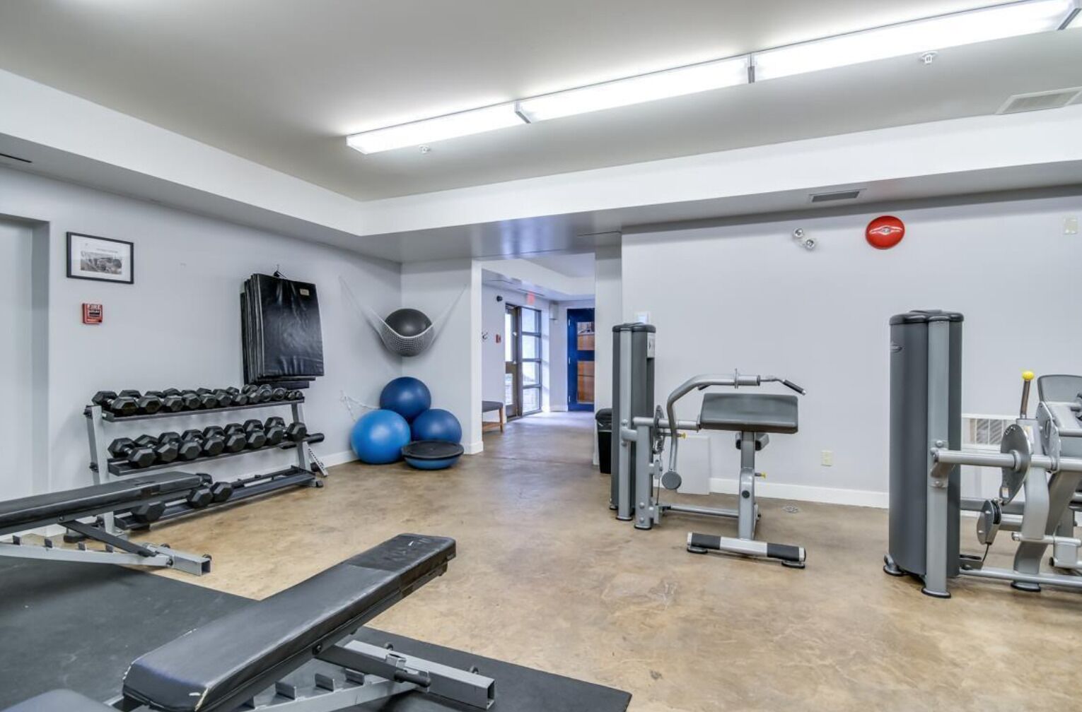 A gym with exercise equipment, dumbbells, and exercise balls.