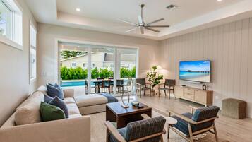 TV connectée, cheminée, livres, chaßne hi-fi