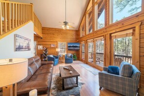 Smart TV, fireplace, books, printers