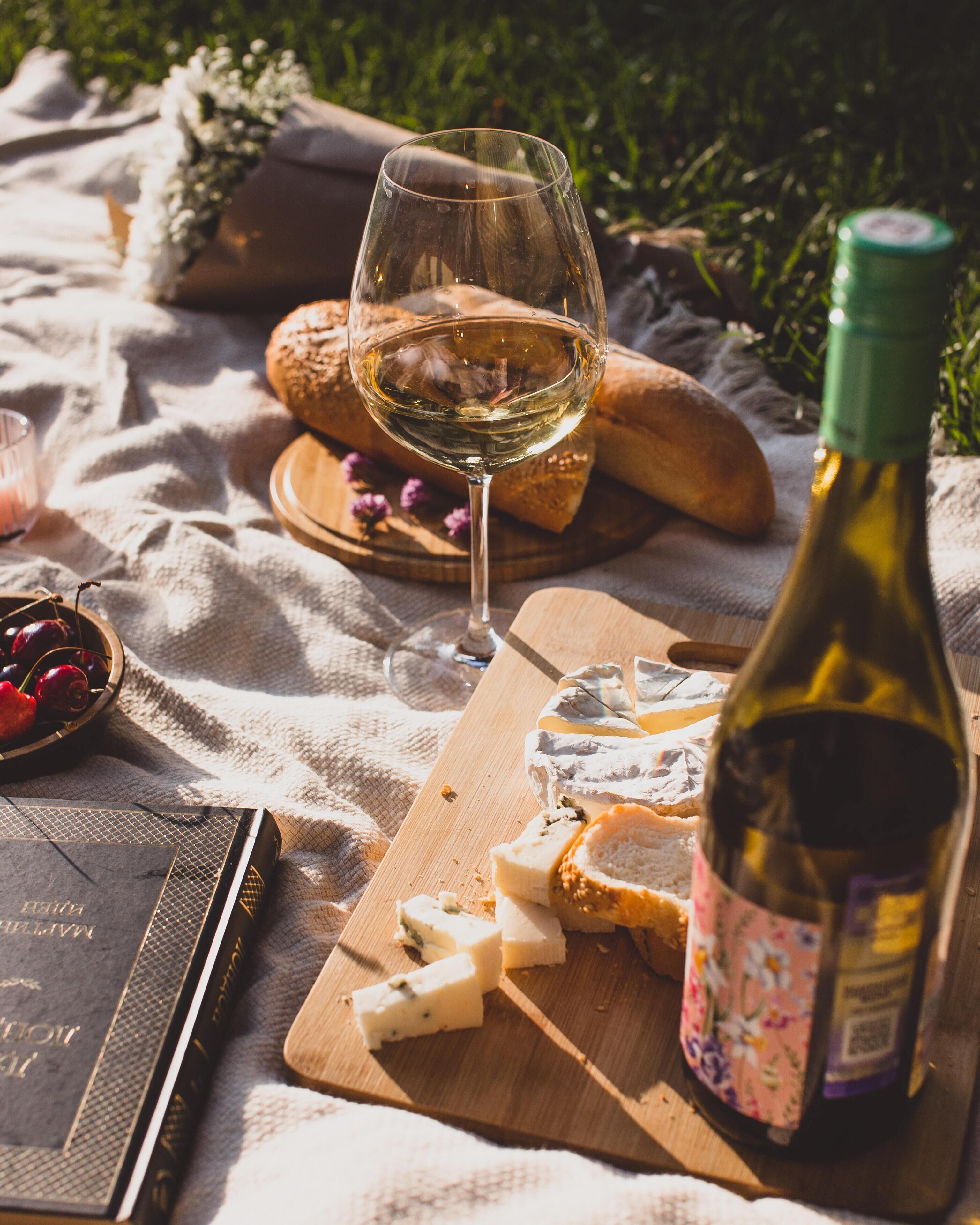 Un montaje para picnic con una botella de vino, una copa, queso, pan y un libro sobre una manta.