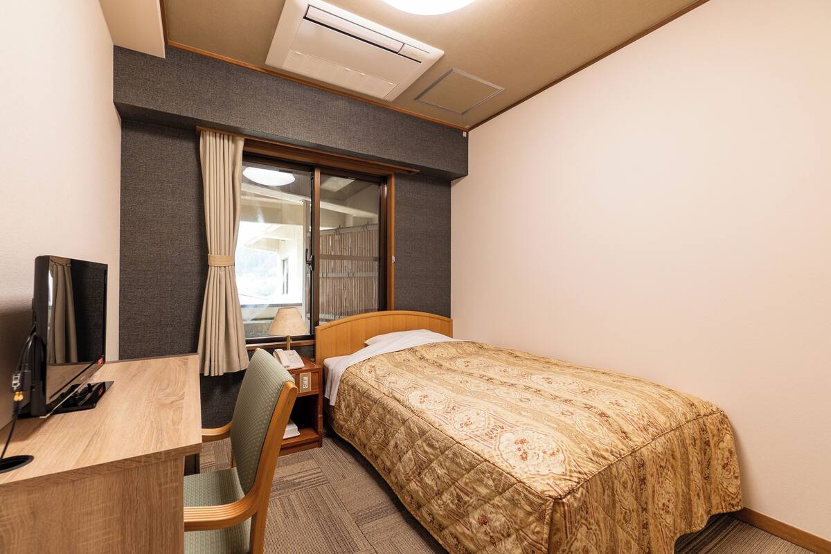 Una habitación de hotel con cama, escritorio, silla y televisor.