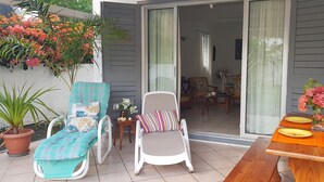 Un espace patio extérieur avec une table en bois dressée pour les repas, deux fauteuils de jardin et une plante en pot.
