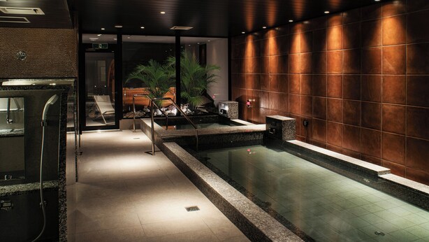 A modern indoor pool area with a glass enclosure, a seating area with a plant, and a stone wall. - REF Okinawa Arena by VESSEL HOTELS (Okinawa)
