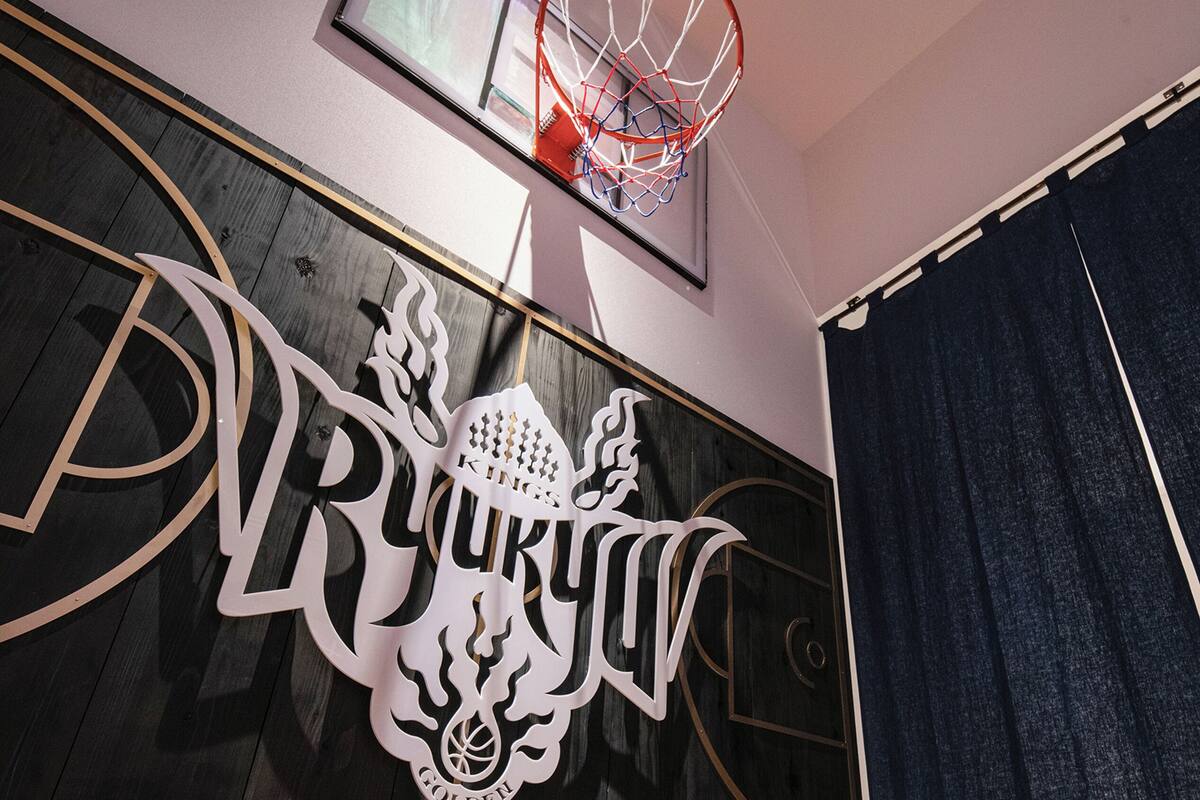 A basketball hoop, a wall with a large emblem, and a dark curtain.