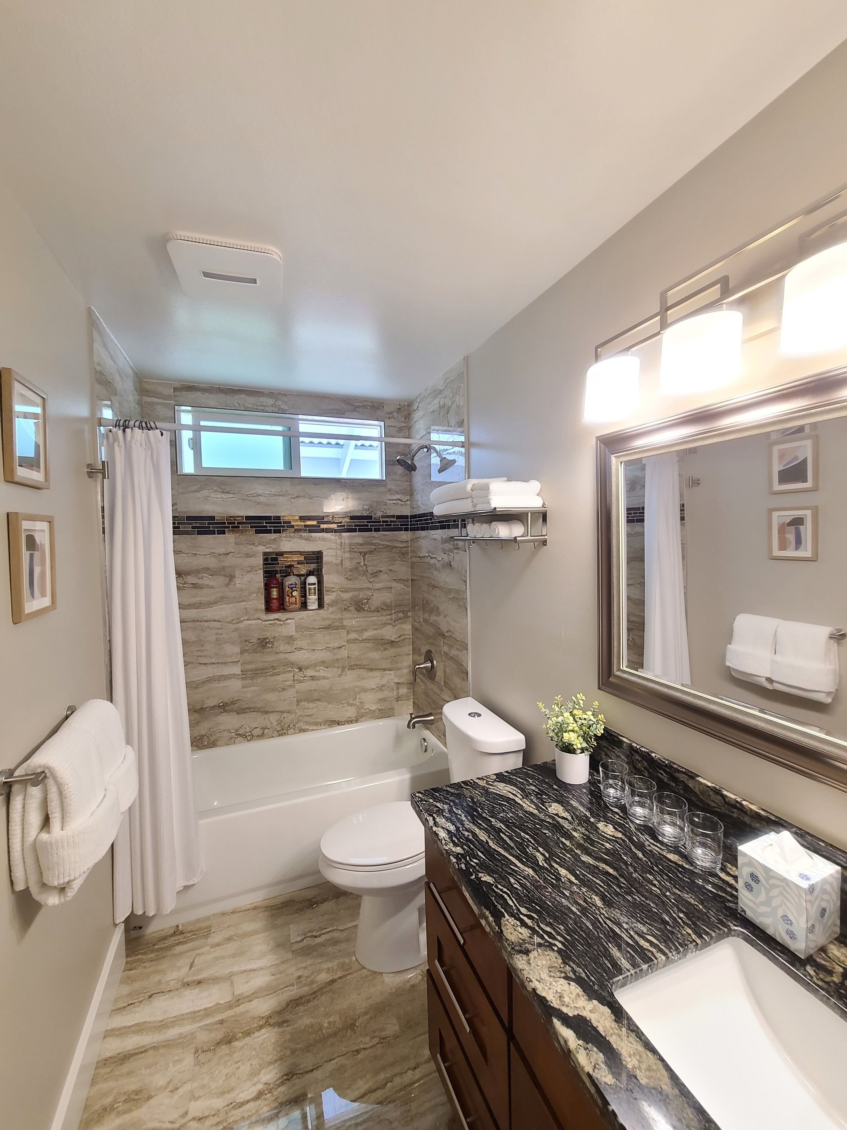 Hair dryer, towels, soap, shampoo