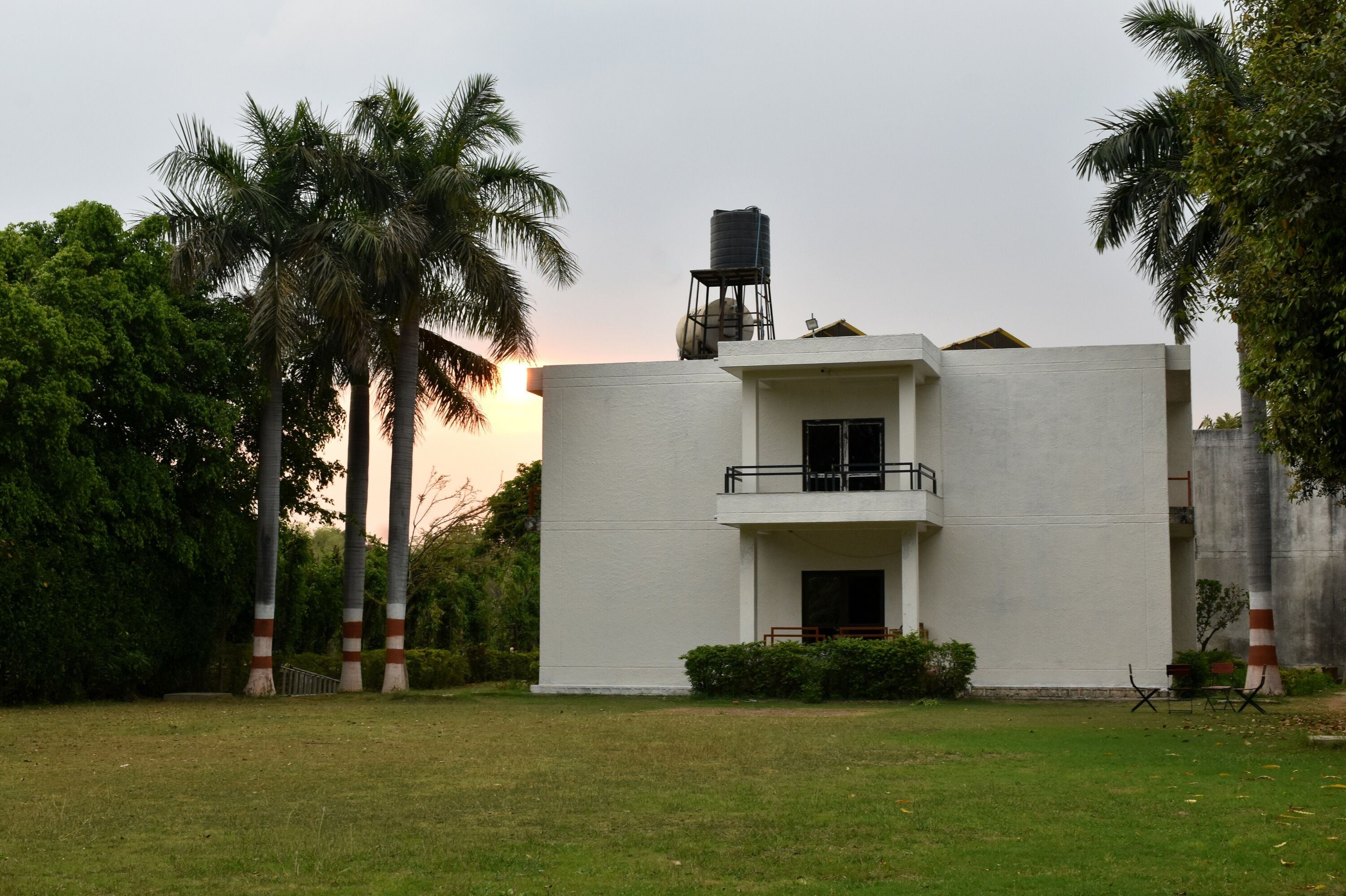 Un edificio moderno con un depósito de agua en el techo, rodeado de palmeras y un área verde.