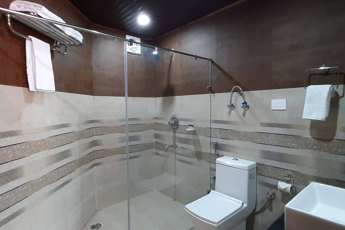 A modern bathroom with a glass-enclosed shower, a toilet, and a sink.
