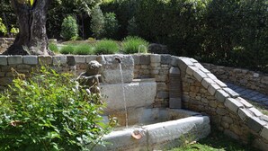 A stone-built outdoor water feature with a small pond and a stone bench.