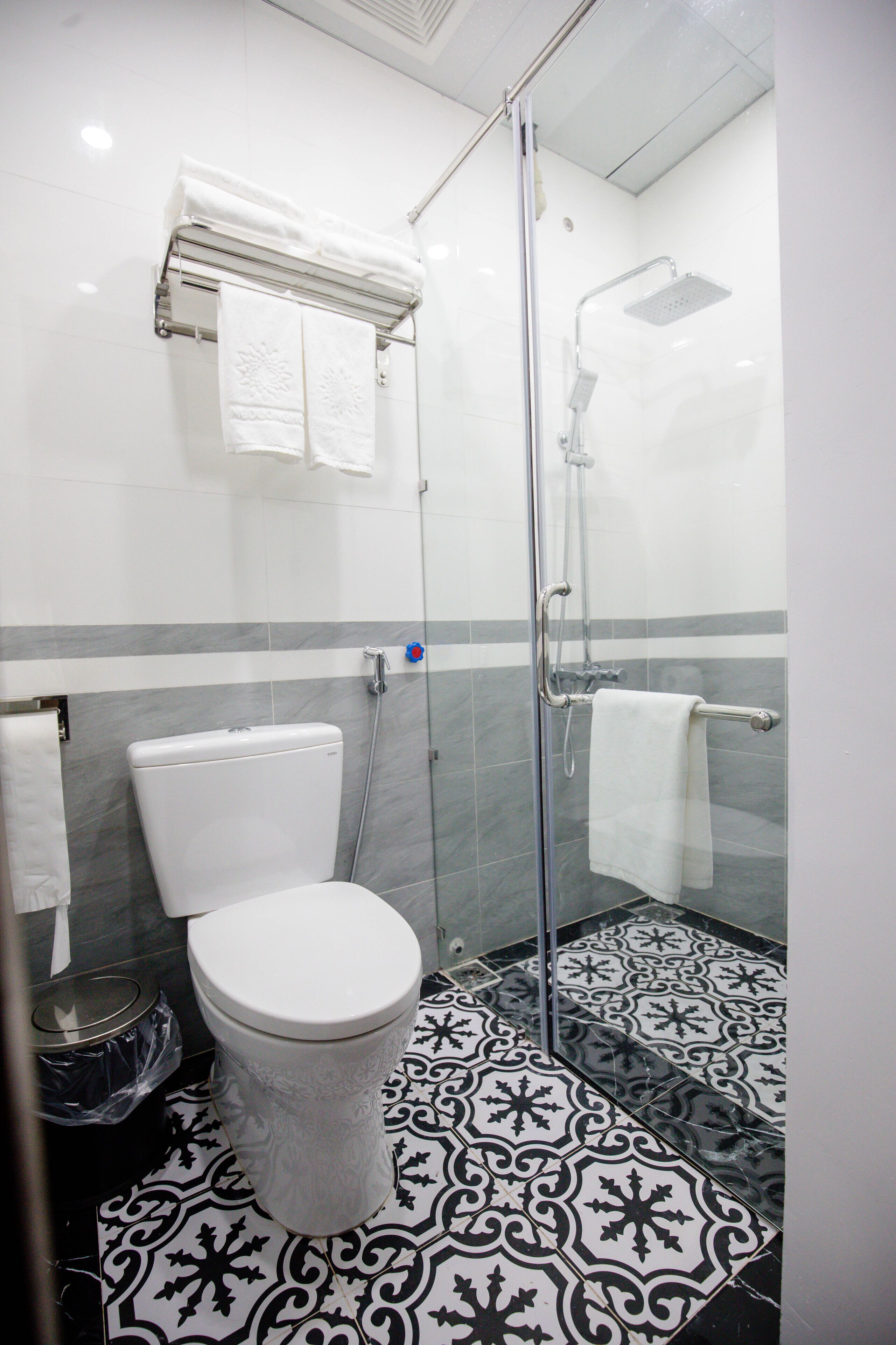 Een badkamer met toilet, een douchecabine van glas en vloertegels met een patroon.