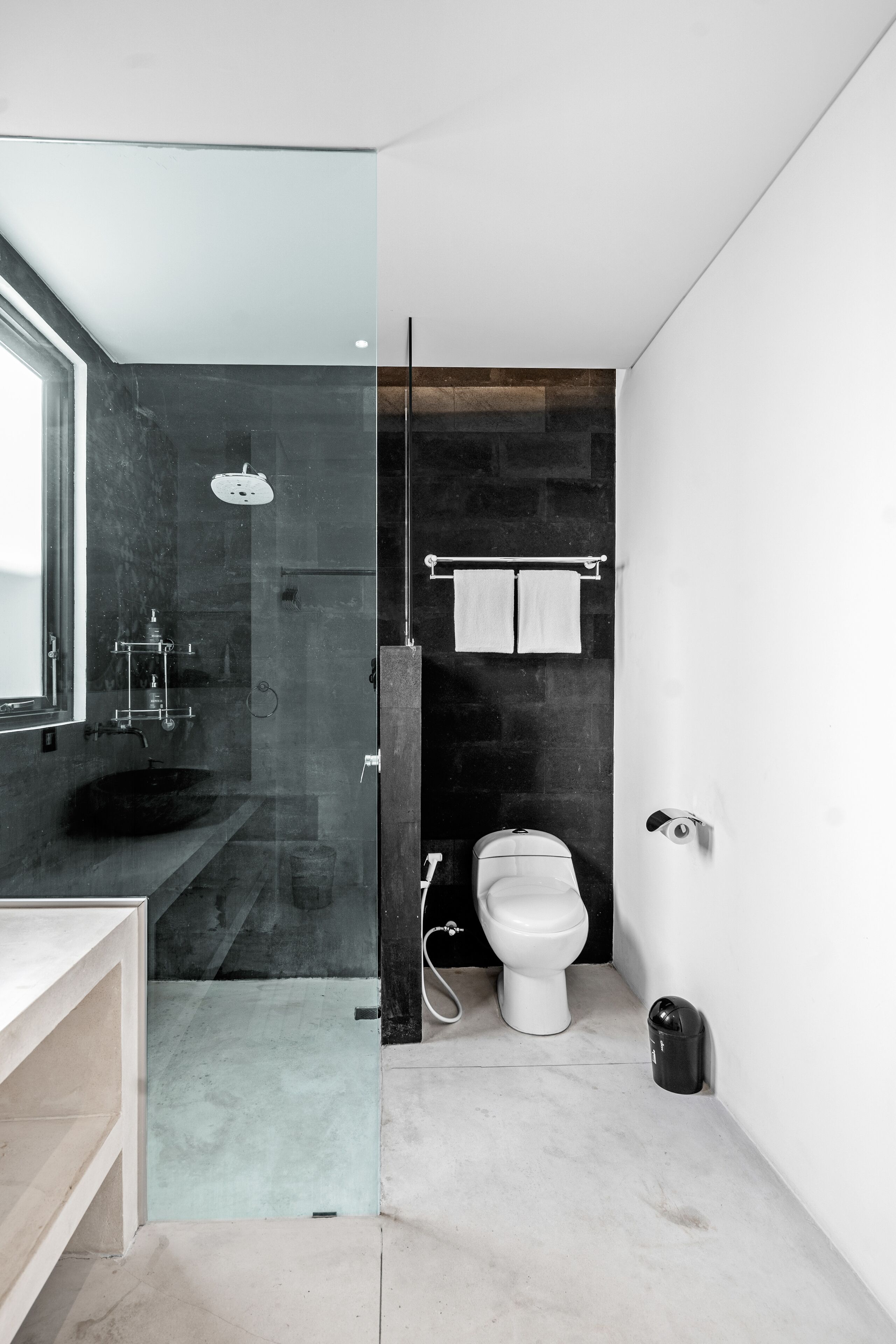 A modern bathroom with a glass shower enclosure, a white toilet, and a black sink.