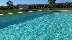 Piscina cristalina con dos sillas de descanso y un árbol de fondo.
