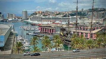 Un port de plaisance avec de nombreux bateaux, un grand navire de croisière et, au loin, un navire historique.