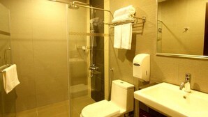 A modern bathroom with a glass-enclosed shower, a white toilet, a sink with a mirror, and a towel rack with a towel.