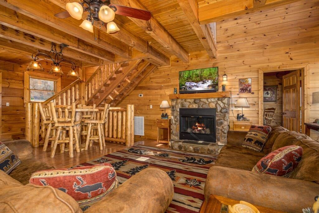Cabin, Multiple Beds, Hot Tub, Mountain View | Living area | 42-inch flat-screen TV with digital channels, TV, fireplace