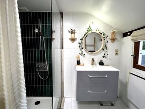Shower, hair dryer, soap