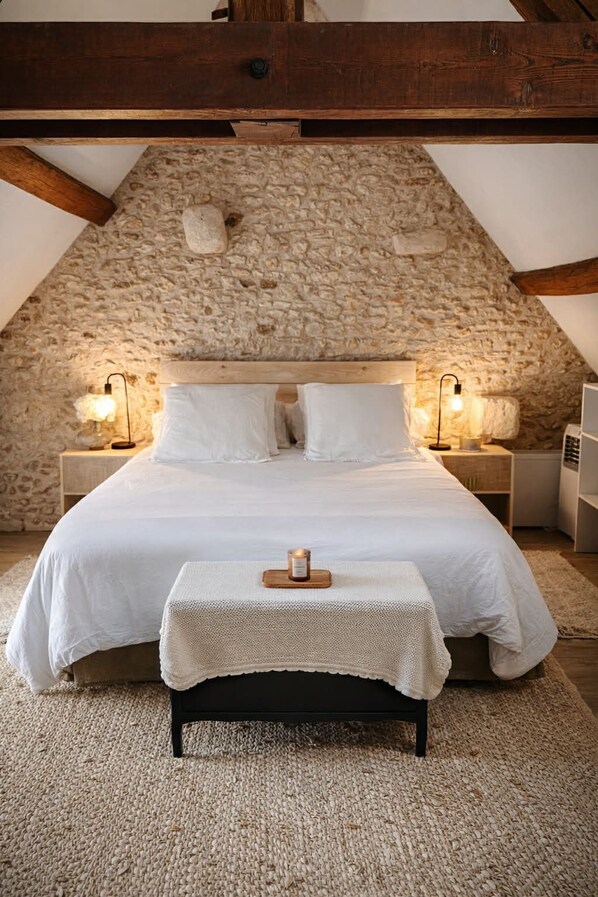 1 bedroom, desk, iron/ironing board, bed sheets