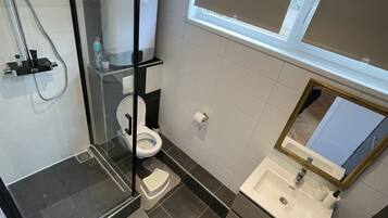 A modern bathroom with a glass-enclosed shower, a toilet, a sink with a mirror, and a window above the sink.