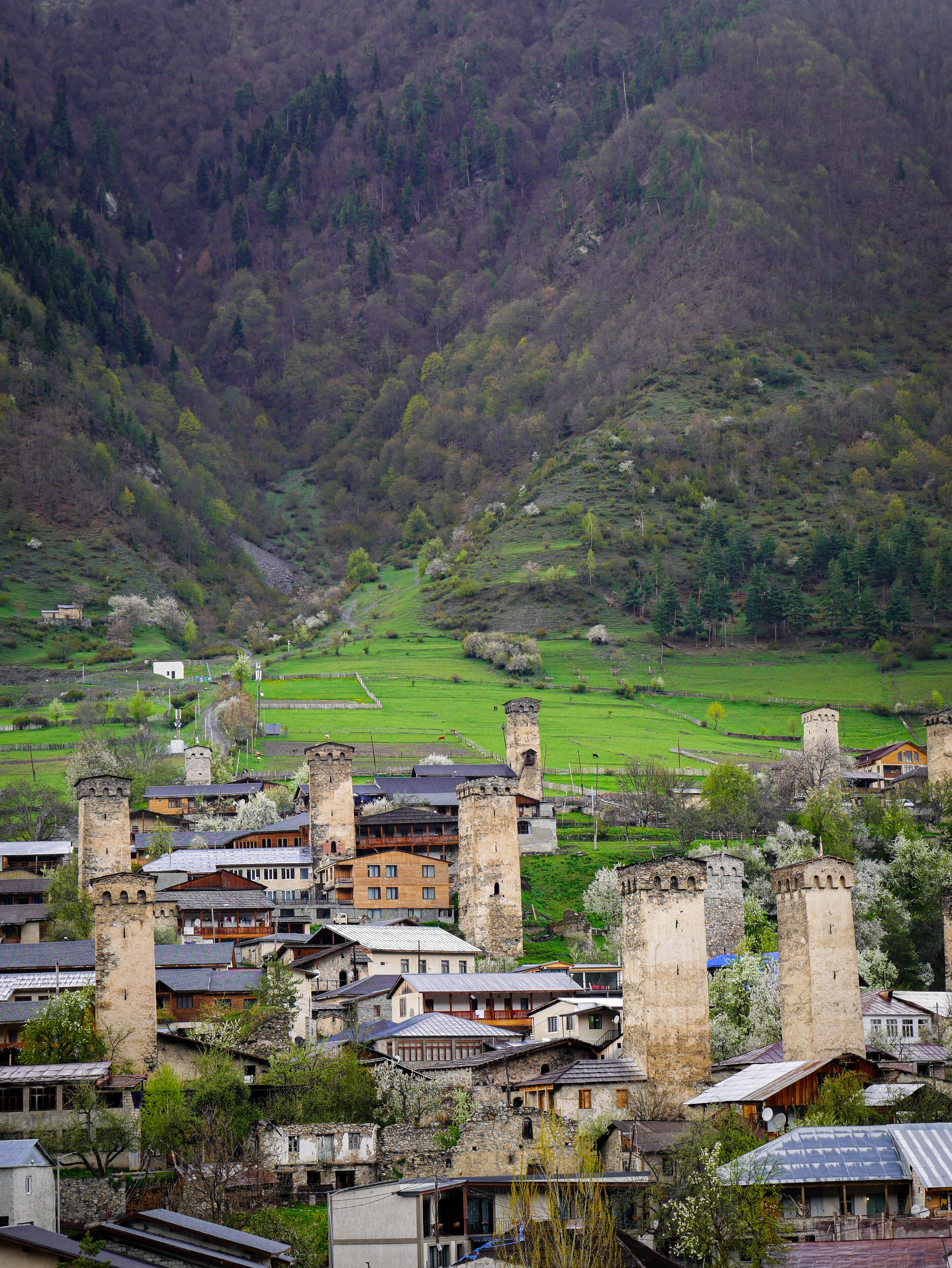 A historic village with stone buildings, including a castle with towers, set against a backdrop of green fields and forested hills.