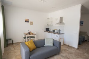A compact living space with a grey sofa, a small dining table, a kitchenette, and a bed in the background.
