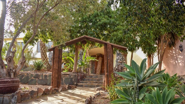 A stone pathway leading to a wooden pergola in a landscaped garden with tropical plants and a stone wall. - Apartment Aulaga on Finca Falcon Cresta (Agüimes)