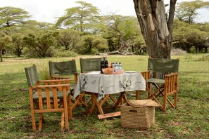 Una mesa al aire libre con sillas, una cesta y botellas de Coca-Cola y agua.