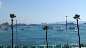 A marina with boats, palm trees, and a distant cityscape.