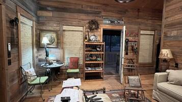 Smart TV, fireplace, books