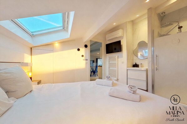 Apartamento luxo, 2 quartos, 2 banheiros (SOUTH BEACH) | 1 quarto, roupas de cama de algodão egípcio, roupas de cama premium