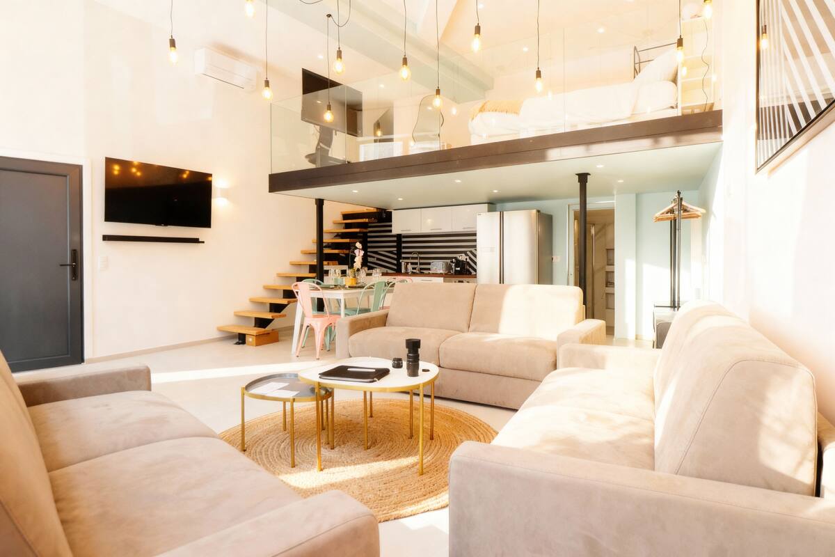 A modern living room with a sofa, coffee table, and a flat-screen TV mounted on the wall.