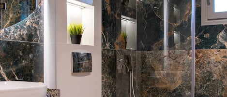 Douche, séchoir à cheveux, serviettes fournies, savon