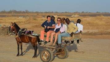 A group of people riding a horse-drawn cart in a dry, open landscape.