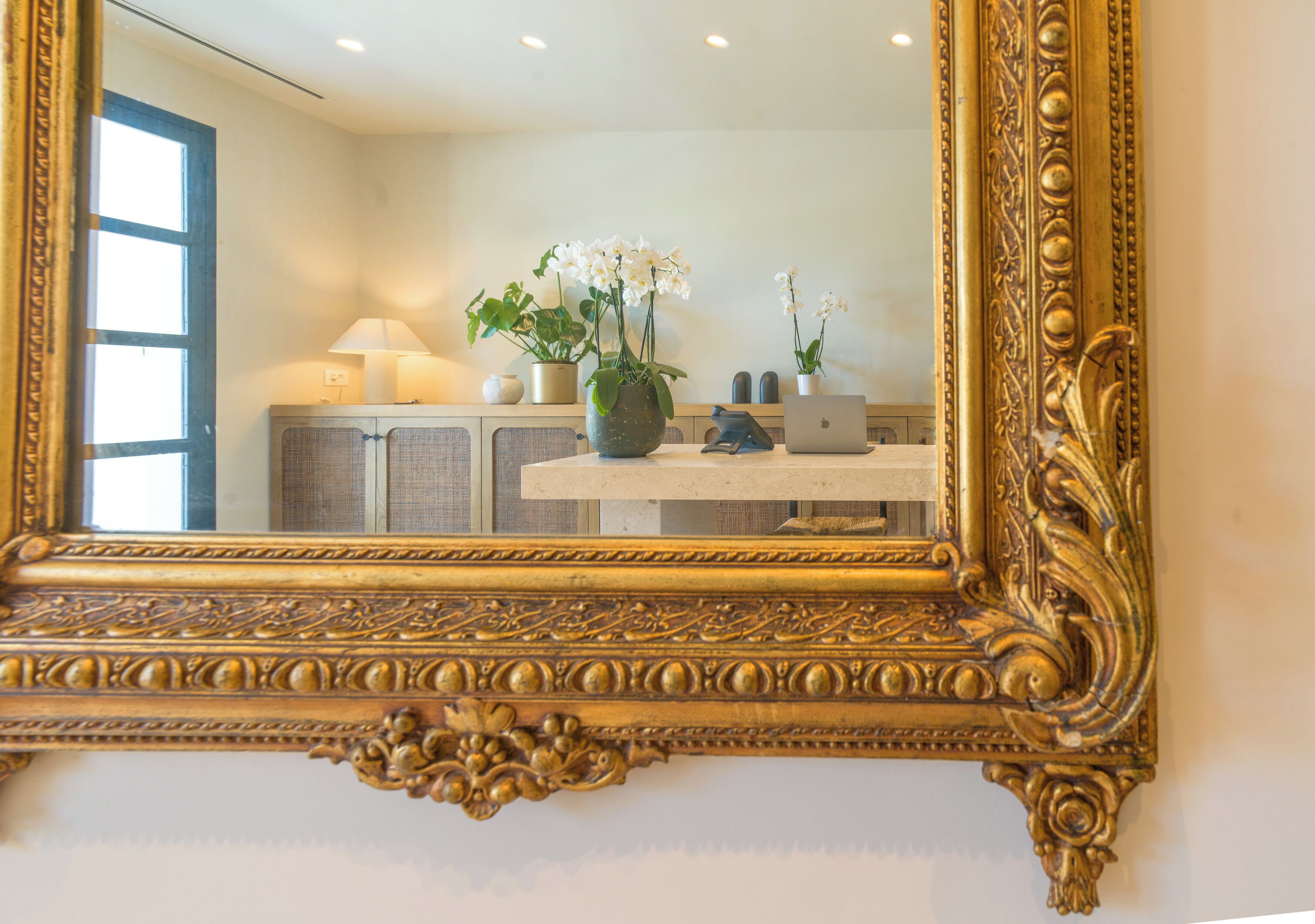 A mirror with ornate gold detailing, reflecting a bathroom with a sink, a lamp, and potted plants.