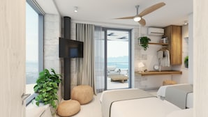 A modern hotel room with a large window, a ceiling fan, a flat-screen TV, a sofa, a dining table, and a kitchen area with a plant. - NEW Lux Villa*Heated SaltyPool*BBQ*SeaView*Garden (Chania)