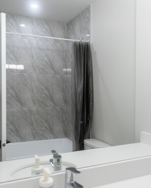 Regadera, secadora de cabello, toallas, jabón 