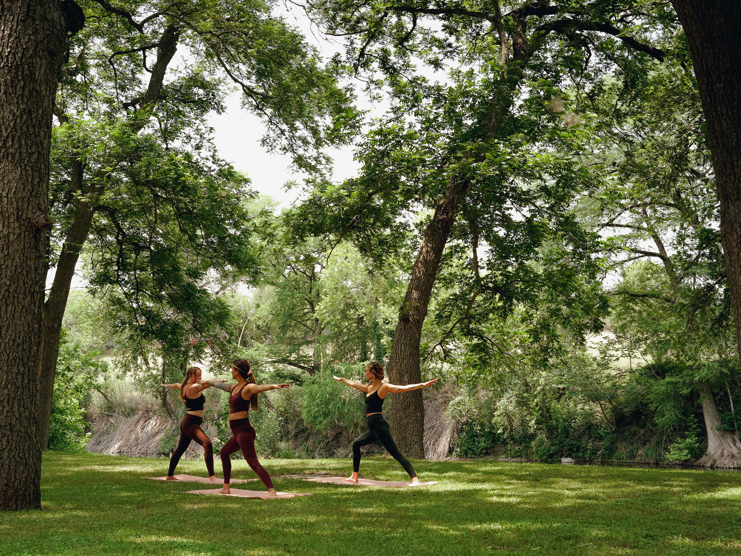 Trois personnes pratiquent le yoga dans un parc, au milieu des arbres et de l’herbe.