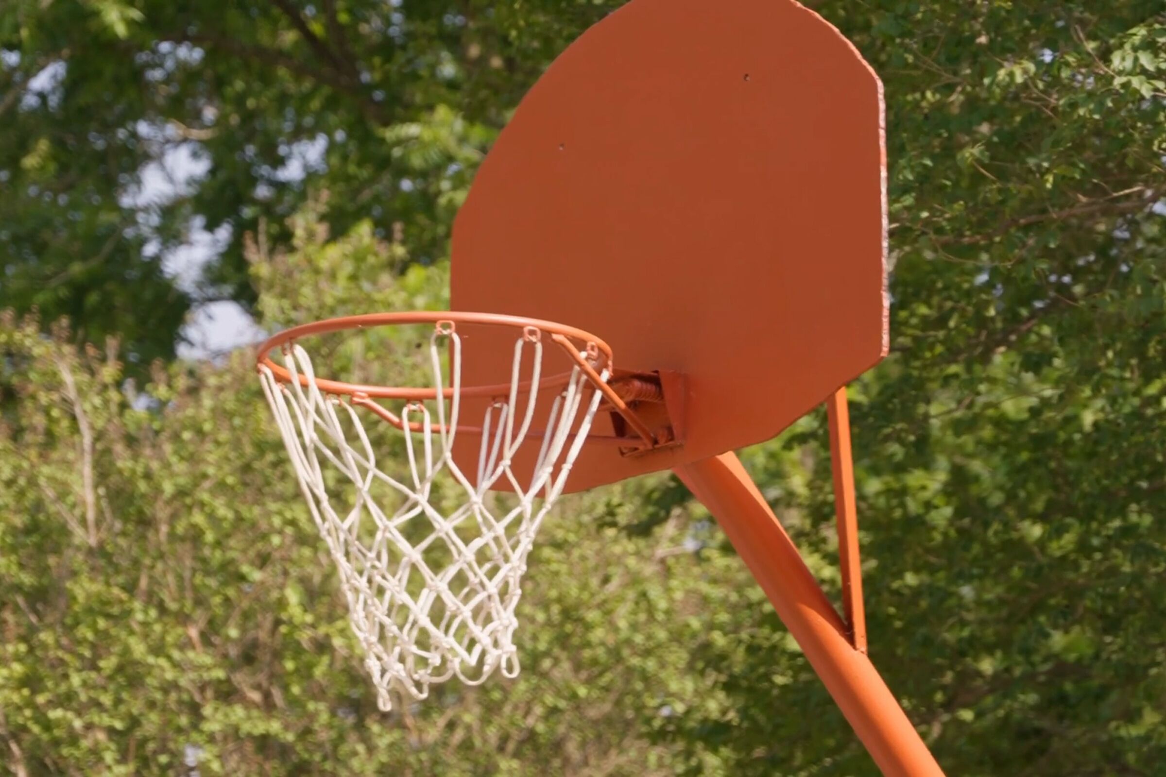 Een basketbalring met net, voor een achtergrond van groene begroeiing.