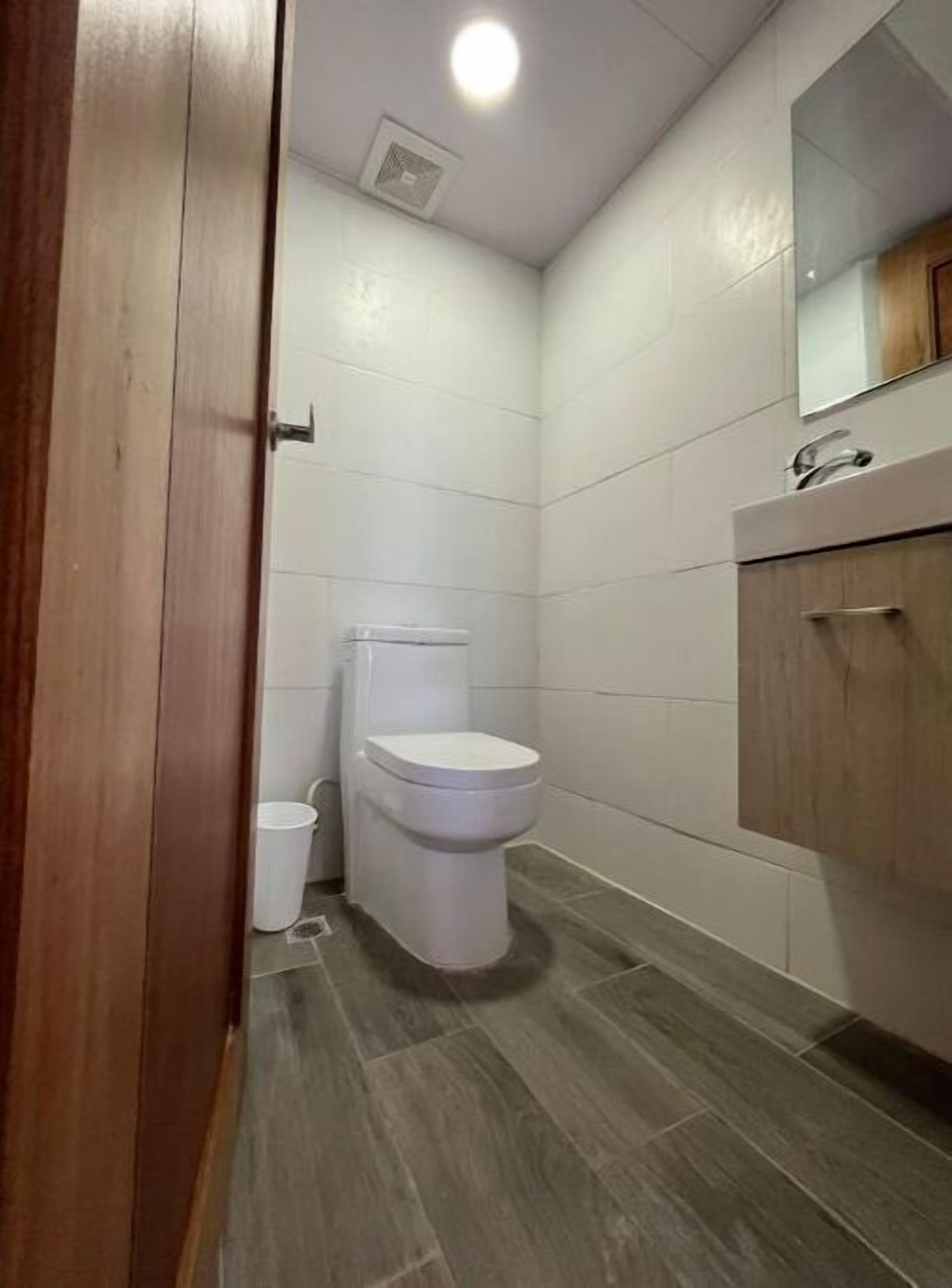 Ein kleines, schmales Badezimmer mit Toilette, einer kleinen Mülleimer und einem Holzschrank mit Spiegel darüber.