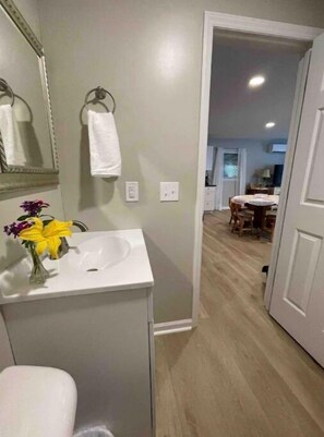 Towels, soap - Patriot Point B, an inviting studio apartment (Roebuck)