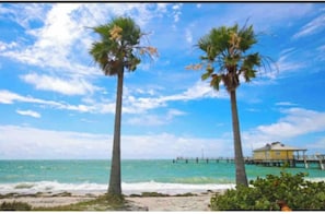 A beach scene with two palm trees, a pier, and a yellow building. - Luxury Renovated Property with Pool/Gym (Tampa)