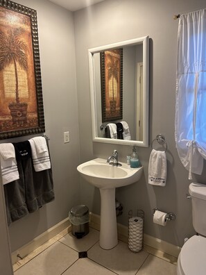 Séchoir à cheveux, serviettes fournies, savon, shampooing